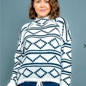 COPY - Plus Size Long Sleeve Aztec Stripe Print Mock Neck Sweater with Drawstri…